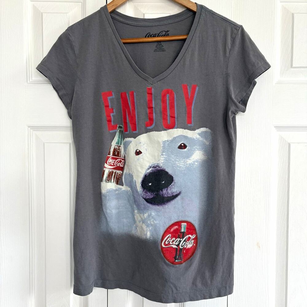 Coca Cola Polar Bear Enjoy V Neck Graphic T Shirt Gray Retro Juniors XL 15/17